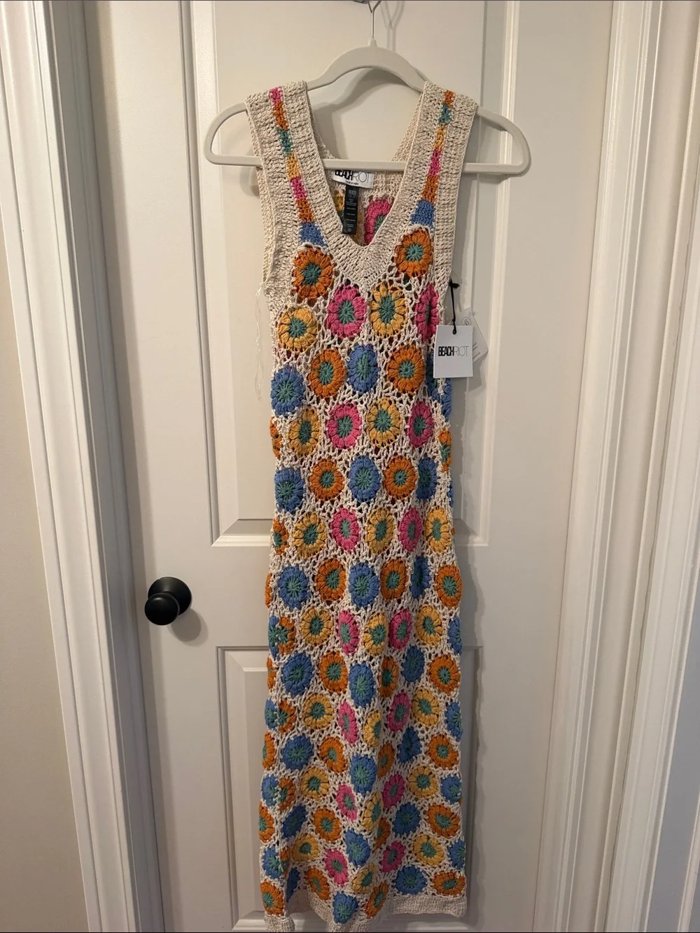 Beach Riot Crochet Maxi Swim Coverup in Cream with Pink, Blue & Orange XS NWT - Picture 5 of 6
